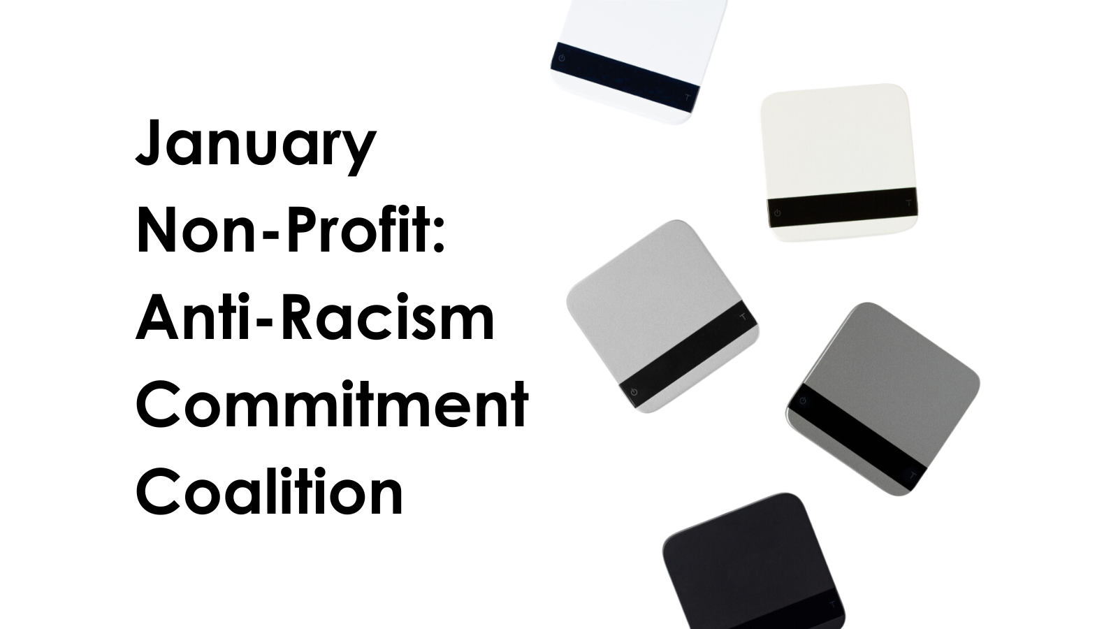 Five Lunar scales of varying colors against a white background with the word "January Non-Profit: Anti-Racism Commitment Coalition" beside it