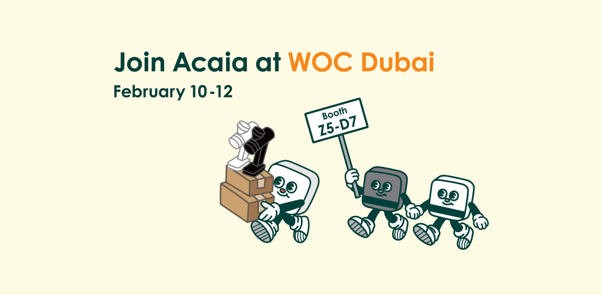 Graphic with three scale cartoons, one carrying boxes and an Orbit, one holding a sign saying 'Booth Z5-D7' and 'Join Acaia at WOC February 10-12' above it