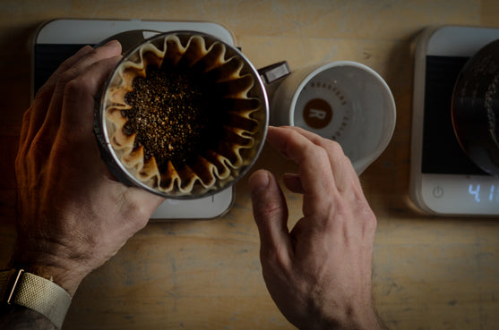 Two hands holding a coffee dripper and grounds over a Pearl scale 
