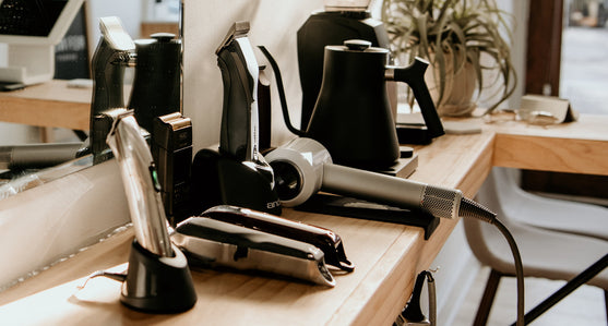 the set up of coffee and barber tools in the shop.